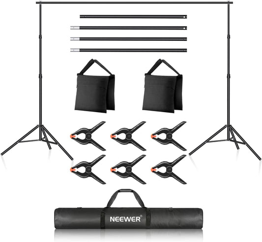 NEEWER Fotostudio achtergrondsteunsysteem, 3 m breed, 2 m hoog, verstelbare achtergrondstandaard met 4 dwarsstangen, 6 achtergrondklemmen, 2 zandzakken, draagtas voor portretstudio-fotografie, 3 stuks