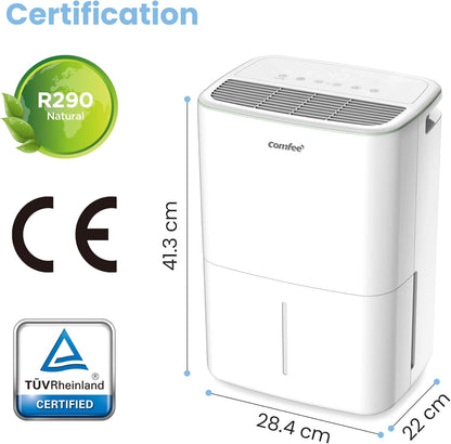 COMFEE' CDDOE-12DEN7-QA3(EU) Dehumidifier for Home Mould 12L/24 Hours, Suitable for 20 m² Canisters, Low Noise Rotating Wheels, Drying Mode, Double Drainage, Timer - QUORE