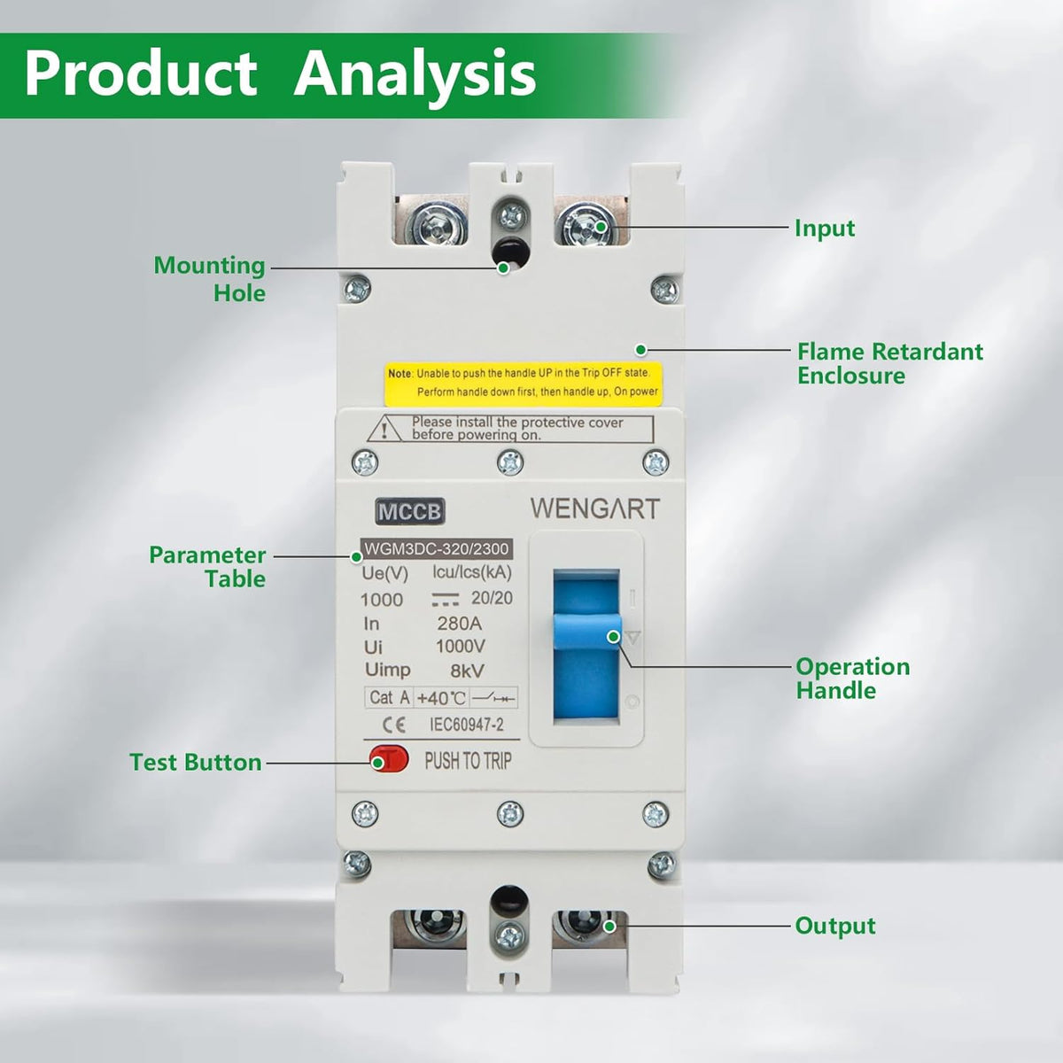 Wengart MCCB WGM3DC-320, PV-stroomschakelaar DC1000V 2P 280-320A, biedt betrouwbare bescherming voor fotovoltaïsche systemen op zonne-energie (280A)