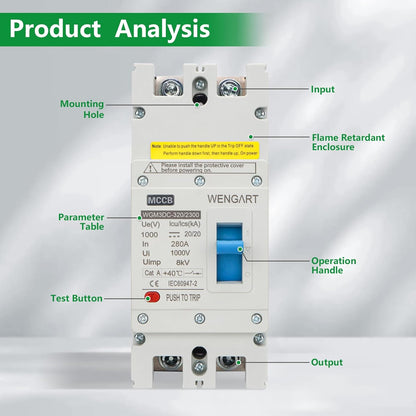 Wengart MCCB WGM3DC-320, PV-stroomschakelaar DC1000V 2P 280-320A, biedt betrouwbare bescherming voor fotovoltaïsche systemen op zonne-energie (280A)