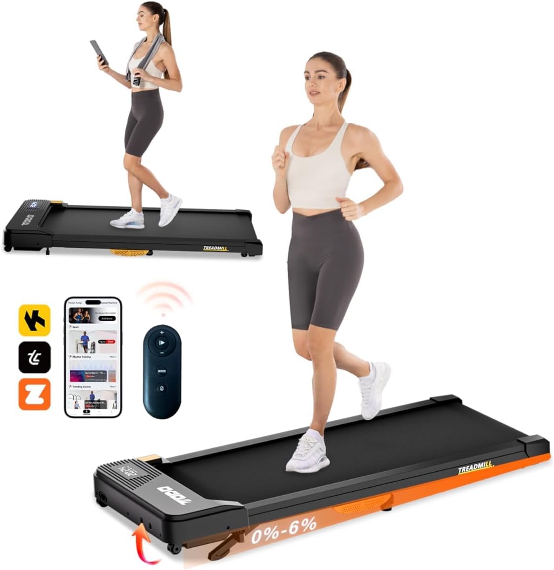 TODO Walking Pad, loopband voor thuis met helling, loopband, bureau, 1-6 km/u, elektrische loopband voor kantoor met afstandsbediening en apps-bediening, 2,5 pk motor, lcd-display