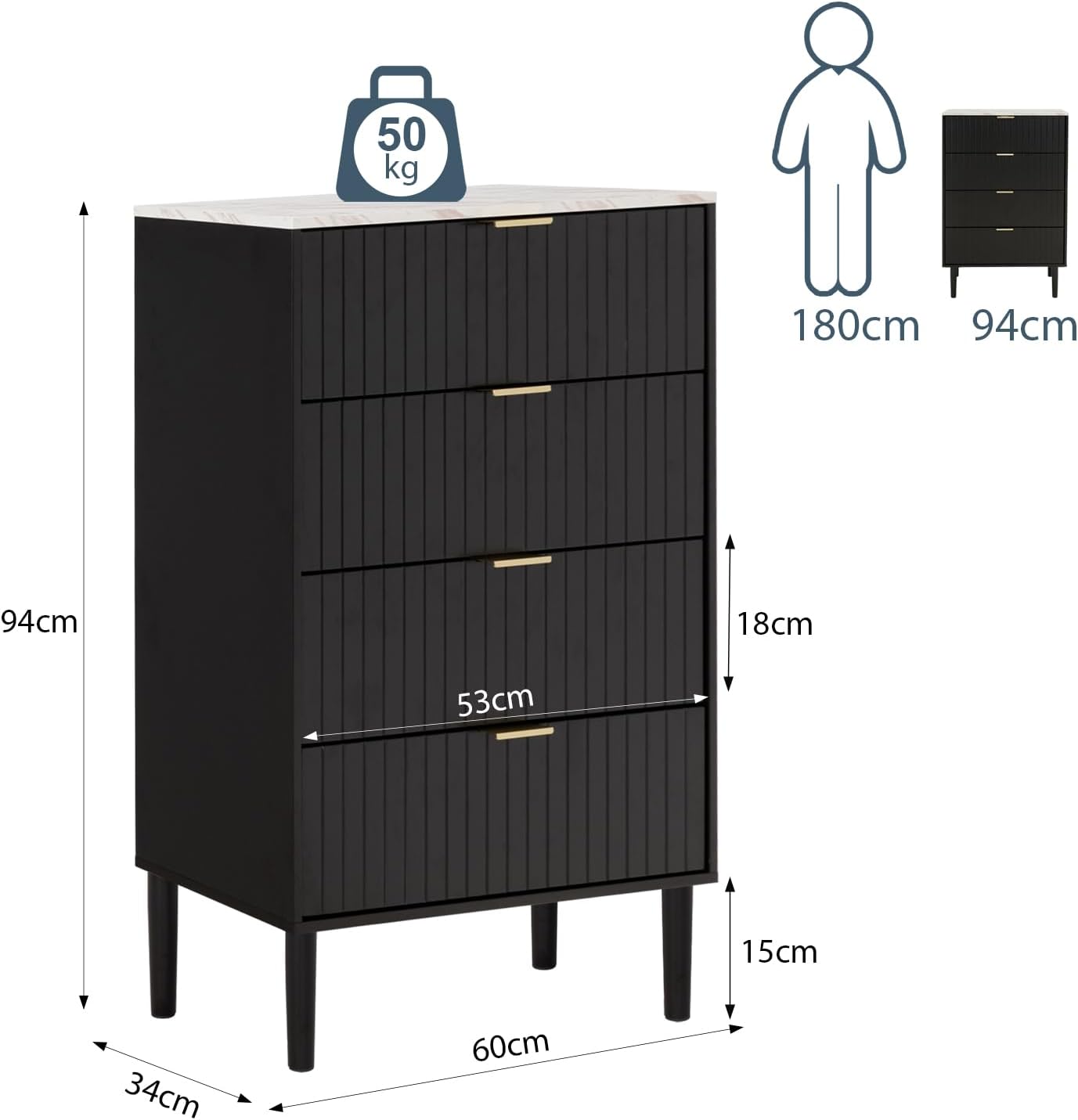 Ladekast – Dressoir – Opbergkast – Commode – Ladekast met 4 Laden – Scandinavisch Design – Kleurig Marmeren Blad – 60x34x93 cm – Zwart Hout en IJzer