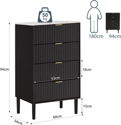 Ladekast – Dressoir – Opbergkast – Commode – Ladekast met 4 Laden – Scandinavisch Design – Kleurig Marmeren Blad – 60x34x93 cm – Zwart Hout en IJzer