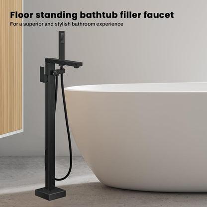 FAHKNS Tub Filler Freestanding Bathtub Faucet Matte Black Floor Mounted Tub Filler Faucet High Flow Brass Tap With Hand Shower