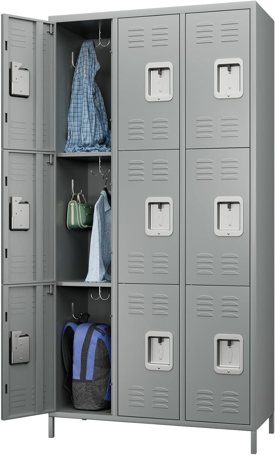 Closet, Metal with 9 Compartments, Metal Wardrobe with Ventilation Slots for Employees, Gym, School, Office (Light Grey) - QUORE