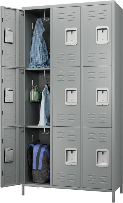 Closet, Metal with 9 Compartments, Metal Wardrobe with Ventilation Slots for Employees, Gym, School, Office (Light Grey) - QUORE