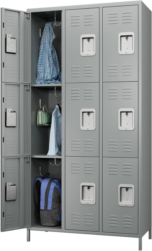 Closet, Metal with 9 Compartments, Metal Wardrobe with Ventilation Slots for Employees, Gym, School, Office (Light Grey) - QUORE