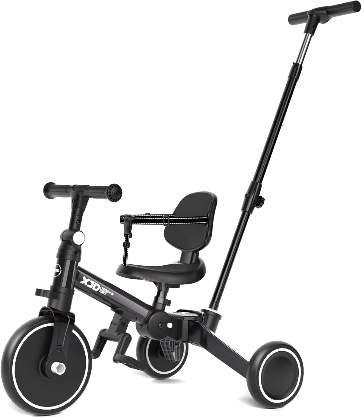 XJD 5-in-1 driewieler, loopfiets vanaf 1 jaar met duwstang voor kinderen vanaf 1 - 4 jaar, loopfiets met afneembare pedalen en verstelbare zitting, kinderdriewieler, babyfiets (zwart)