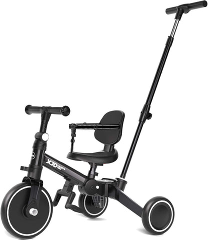 XJD 5-in-1 driewieler, loopfiets vanaf 1 jaar met duwstang voor kinderen vanaf 1 - 4 jaar, loopfiets met afneembare pedalen en verstelbare zitting, kinderdriewieler, babyfiets (zwart)
