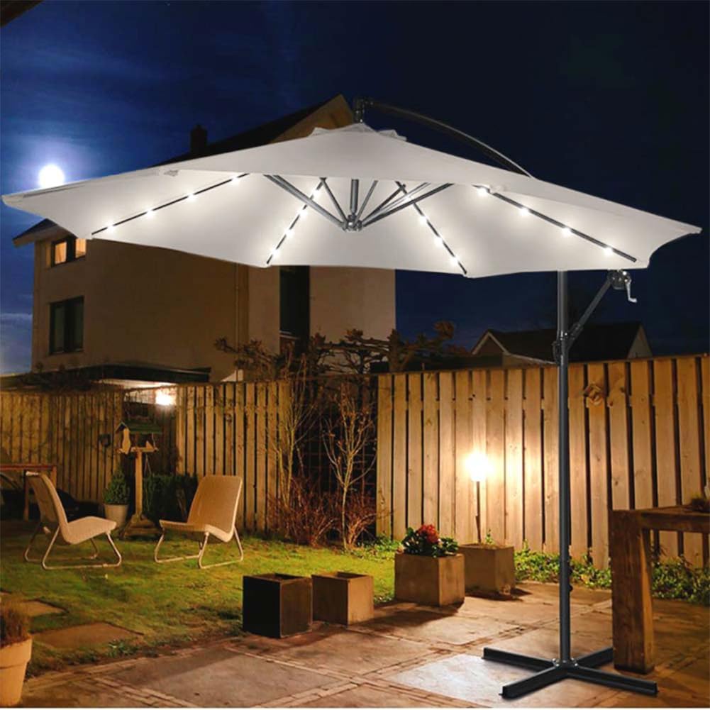 BAKAJI Parasol voor tuin en terras met 32 leds en zonnepaneel, afmetingen 3 x 3 m, inklapbaar, zijmast, gedecentraliseerd staal, kruisvoet van UV-bestendige stof