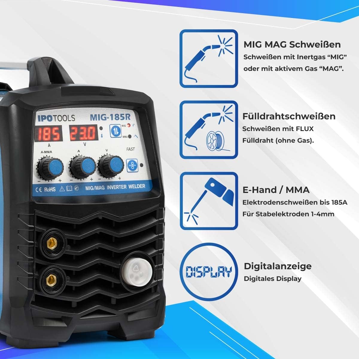 IPOTOOLS MIG-185R MIG Lasapparaat, MIG MAG Lasapparaat, 160 ampère, voor FLUX/vuldraad en Elektroden, MMA, digitaal display, IGBT-technologie, 230 V / 7 jaar garantie