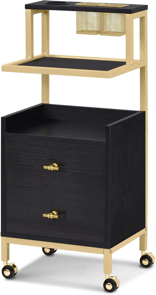 Werktafel Op Wielen – Werkwagen – Trolley – Serveerwagen – Salonwagen – Zwart-Goud Design – Compact 32x37x87 cm