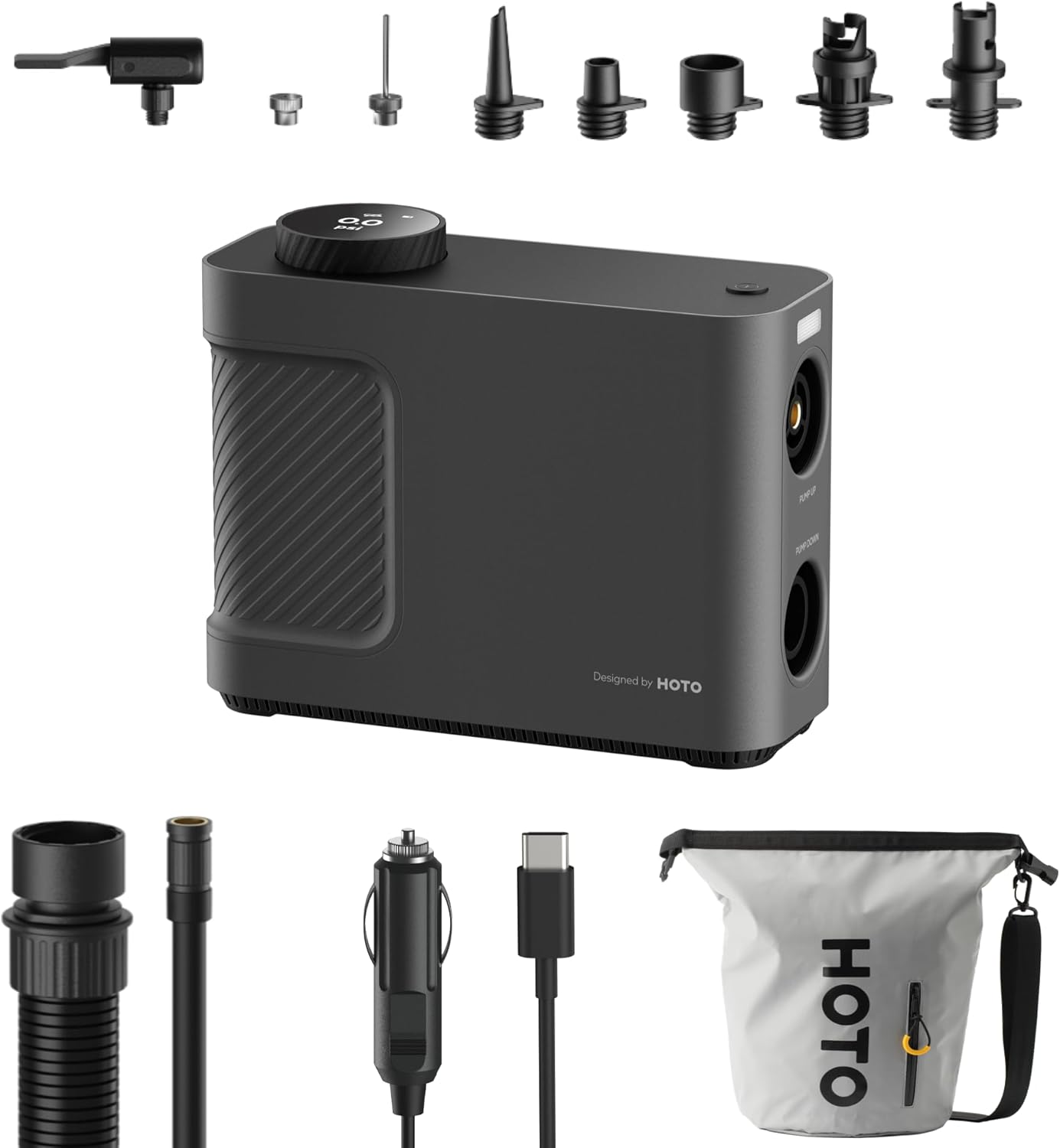 HOTO Elektrische luchtpomp Master, draadloze draagbare bandenpomp voor auto en fiets, 9 modi, dual power voor SUP, kajak, luchtmatras, tent en zwembadaccessoires
