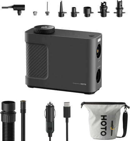 HOTO Elektrische luchtpomp Master, draadloze draagbare bandenpomp voor auto en fiets, 9 modi, dual power voor SUP, kajak, luchtmatras, tent en zwembadaccessoires