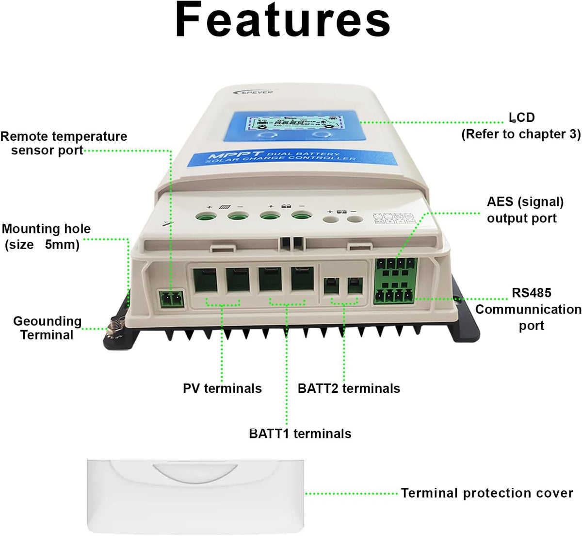 20A MPPT Solar Charge Controller 12V/24V Automatische Identificatie Systeemvoltage met LCD Display en Dubbele USB Poort voor Solar Home Systeem - DR2210N
