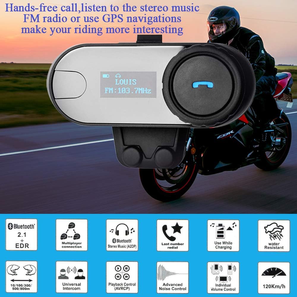 FreedConn Motorfiets communicatiesysteem, helm bluetooth intercom, helm headset (800 m bereik, zodat draadloos bellen,mp3-muziek beluisteren, FM-radio (2 set met zachte kabel)