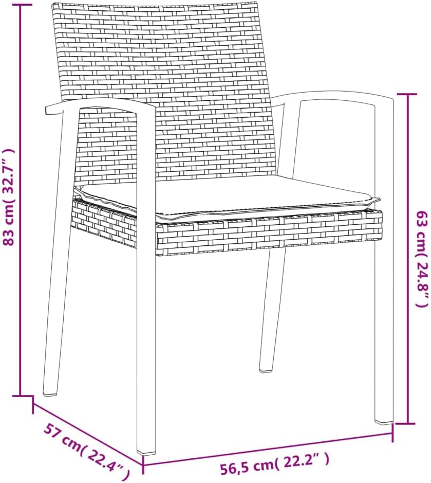Pack of 6 synthetic rattan garden chairs with cushions, 56.5 x 57 x 83 cm, robust steel frame, robust, outdoor, comfortable chairs, patio, durable material - QUORE
