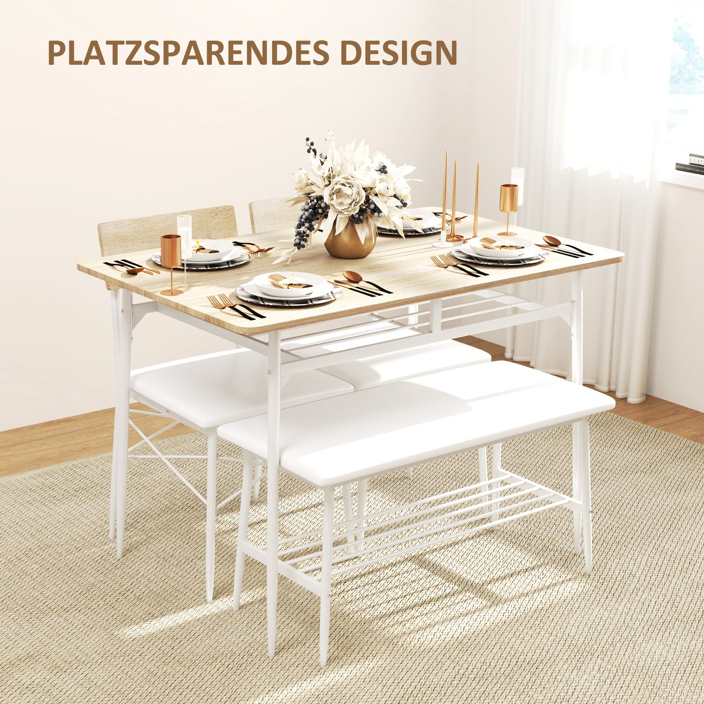 Eettafelset 4 Personen – Eettafel Met Stoelen – Eettafelbank – Dinerset – Eetkamerset – Eikenhout – Stalen Frame – Gewatteerde Zitplaatsen