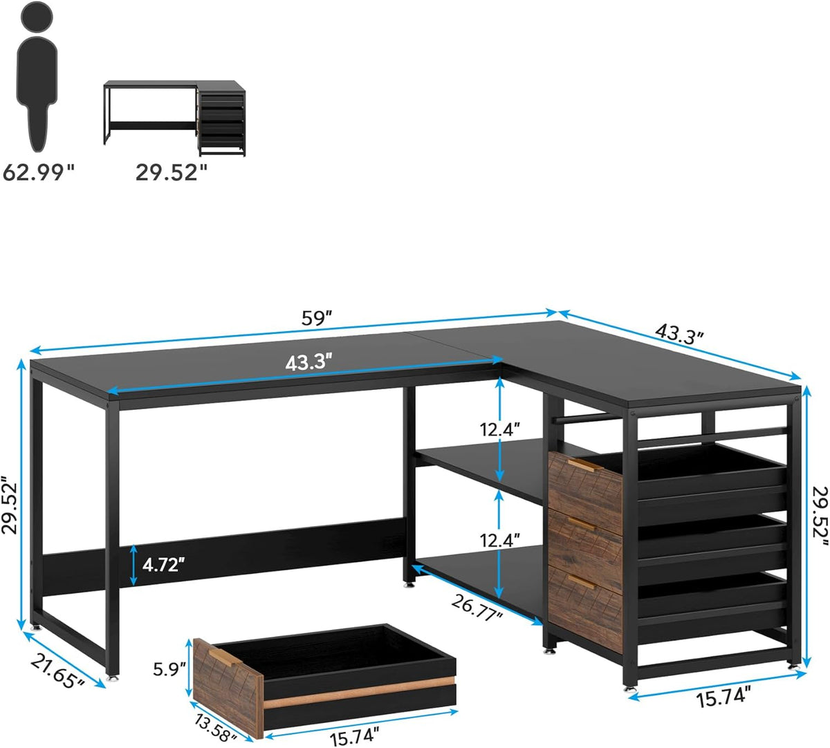 Tribesigns L-Shaped Computer Desk with Storage Drawers, 150cm Corner Desk with Shelves, Reversible L Shaped Office Desk Study Writing Desk Workstation for Home Office, Black
