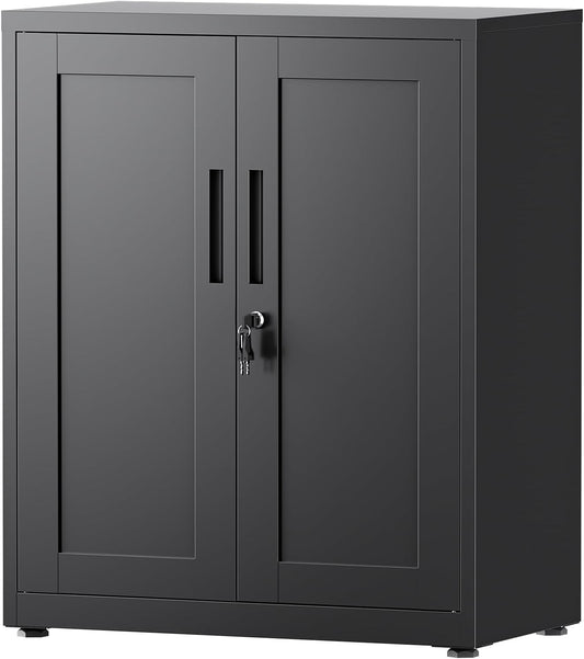 Multifunctionele kast met slot, kast met 2 deuren, bureaukast, uitgerust met 2 in hoogte verstelbare planken, zwart, 91,5 x 75 x 40 cm