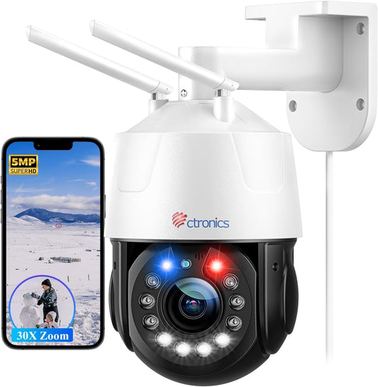 Ctronics 5MP 30X optische zoom metalen bewakingscamera voor buiten, 2,4/5GHz WLAN-camera outdoor met 150 m nachtzicht, automatische camerabeweging & zoom, rood en blauwe waarschuwingslichten, TF/Cloud