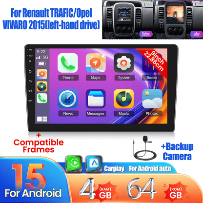 9 Inch Android 15 Autoradio – Dubbele DIN Navigatie – Draadloos CarPlay – Android Auto – Wifi Autoradio – AHD Achteruitrijcamera Met Microfoon – 4GB RAM 64GB Opslag – Split Screen Touchscreen