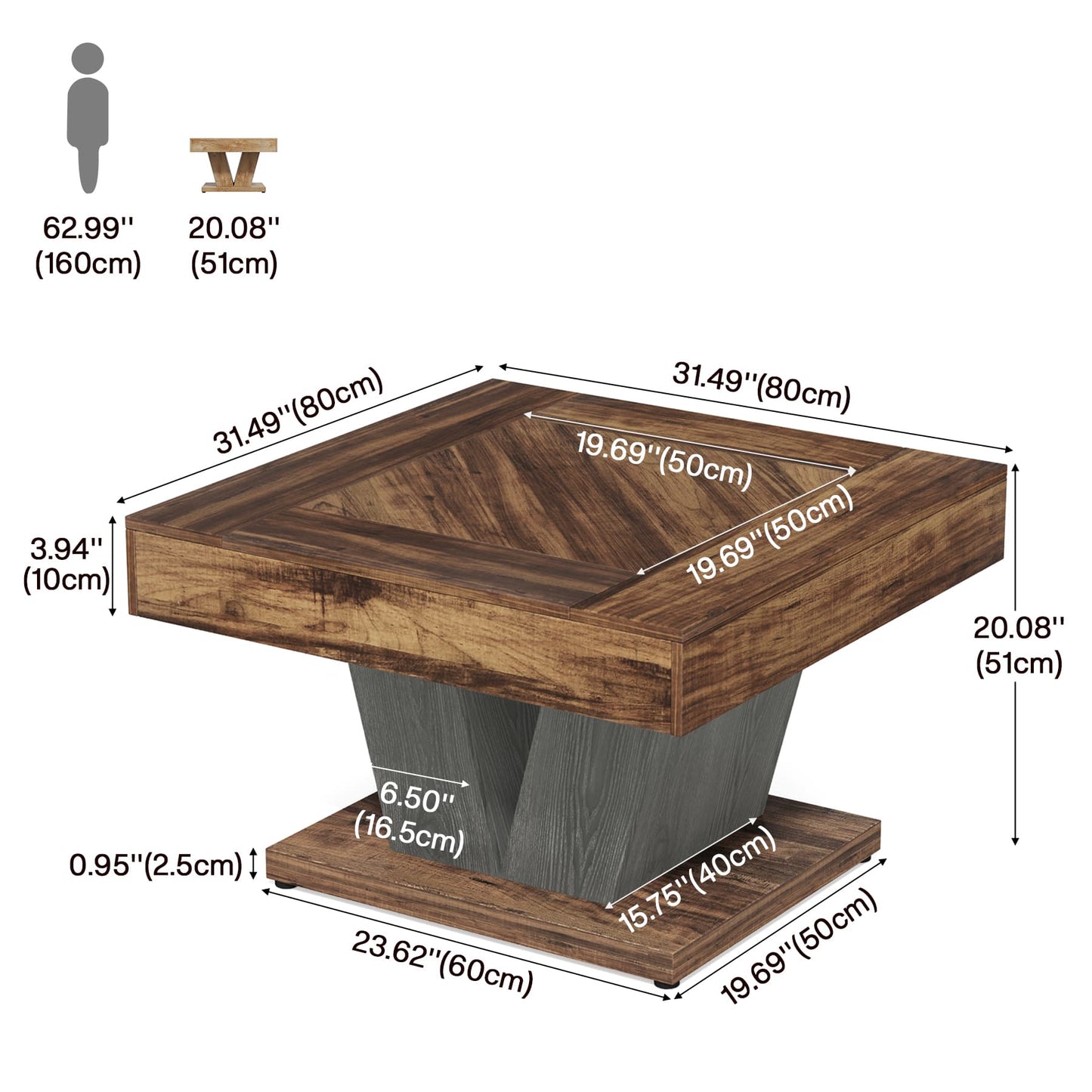 Moderne Salontafel – Vierkante Tafel – Woonkamertafel – Koffietafel – Accenttafel – Rustiek Bruin Zwart – Stevig MDF Tafelblad – Space-Saving Ontwerp 80 cm
