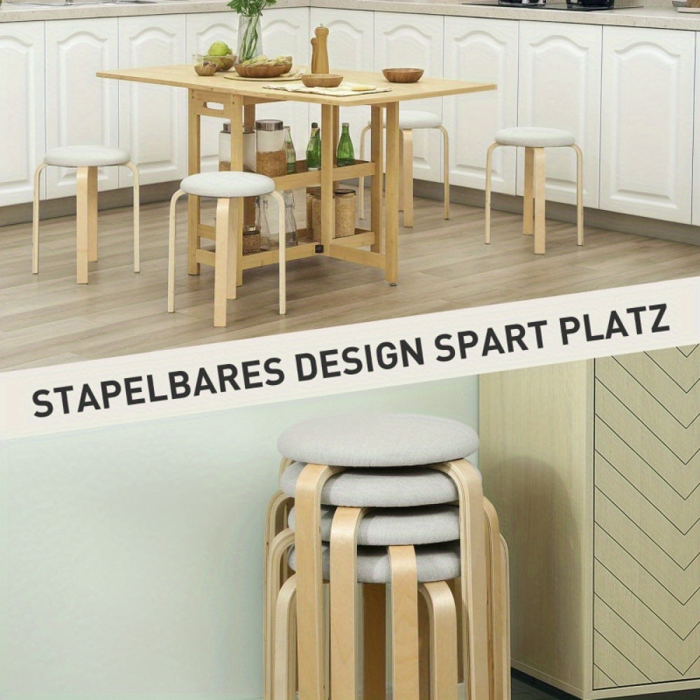 Kruk – Krukje – Stoel – Hocker – Set Van 4 – Crème Wit Linnenstof – Stapelbaar – Zachte Gewatteerde Zitting – Solide Rugleuning – Gelakt Frame