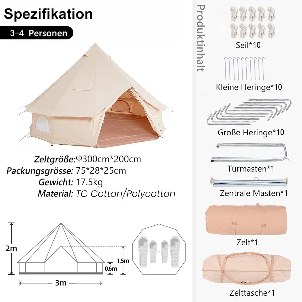 TOMOUNT Klockentent 3 m, 4 m, glamping tent voor 3-6 personen, katoen, familietent, campingtent, tipi-tent, piramidetent voor groepen, gezinnen, outdoor, camping, feesten