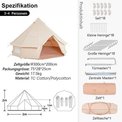 TOMOUNT Klockentent 3 m, 4 m, glamping tent voor 3-6 personen, katoen, familietent, campingtent, tipi-tent, piramidetent voor groepen, gezinnen, outdoor, camping, feesten
