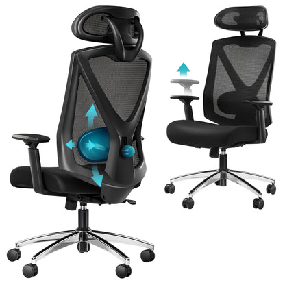 Ergonomische Bureaustoel – Kantoorstoel – Werkstoel – Draaistoel – Computerstoel – Zwarte Variant – Verstelbare Rugleuning en 3D Lendensteun – 150 kg Draagkracht