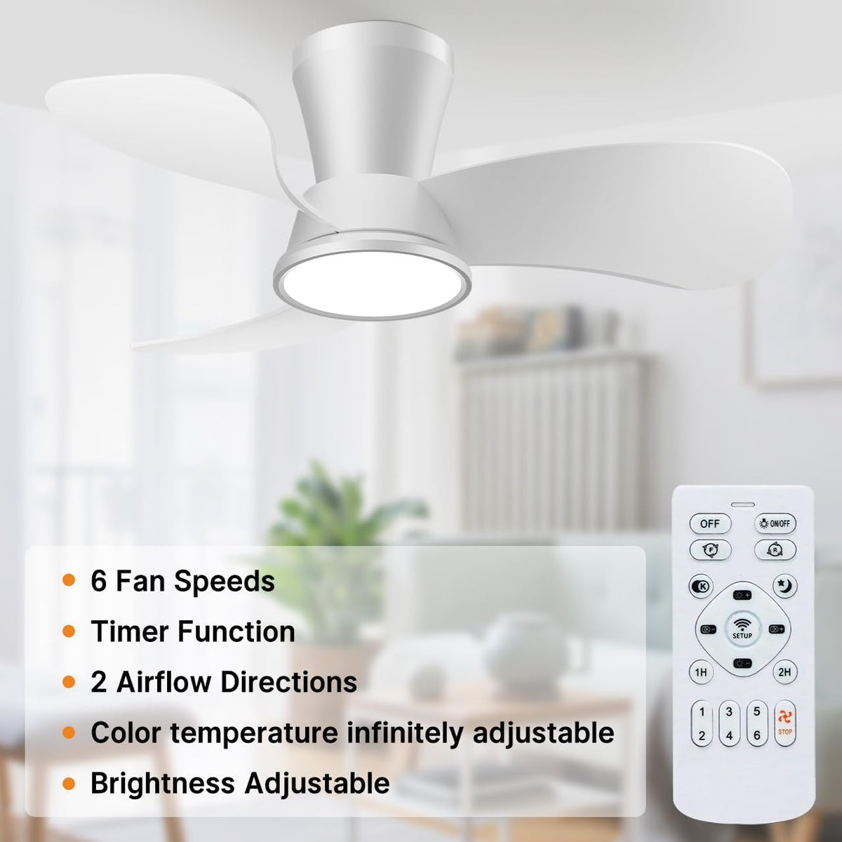 slochi Stille plafondventilator met verlichting, 30 dB, 76 cm diameter, groot luchtvolume, met afstandsbediening, timerfunctie, instelbare helderheid van 3000 K/4500 K/6000 K plafondlamp
