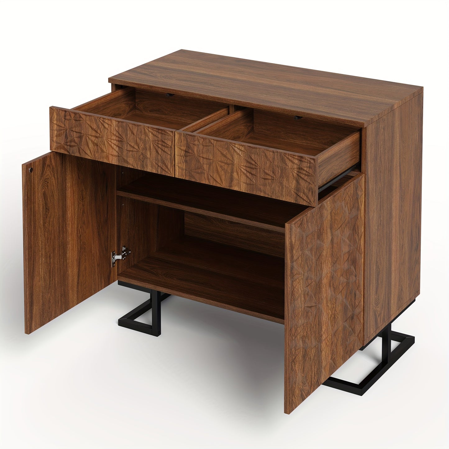 Chest of Drawers with Sideboard Dimensions of 80 X 40 X 78 Cm - Part of The "Leafy Psalm" Collection, Featuring a Dark Walnut Finish with Leaf Patterns, a Metal Leg Frame, Two Drawers, And Two Doors, Designed Without Handles,