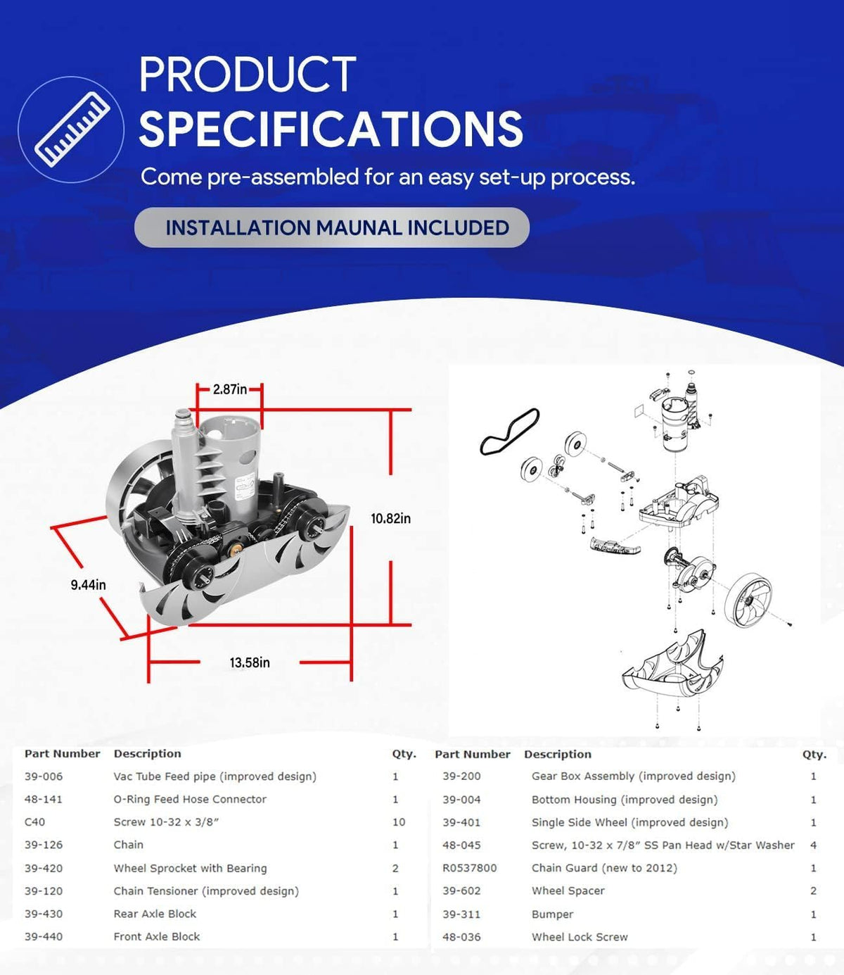 R0543200 Rebuild Kit voor Polaris 3900 Sport Pool Cleaner, vervanging voor Zodiac Polaris 3900 P39 Sport Pool Cleaner, Tune-Up Kit