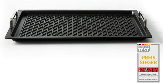 Gastronorm GN 1/1 bakplaat met grill - AMT Gastroguss-bodem, 53 x 33 cm, 2 cm diep, met roestvrijstalen handgrepen, Lotan® anti-aanbaklaag, niet-inductie, AMZN-KG-25333-G-BBQ