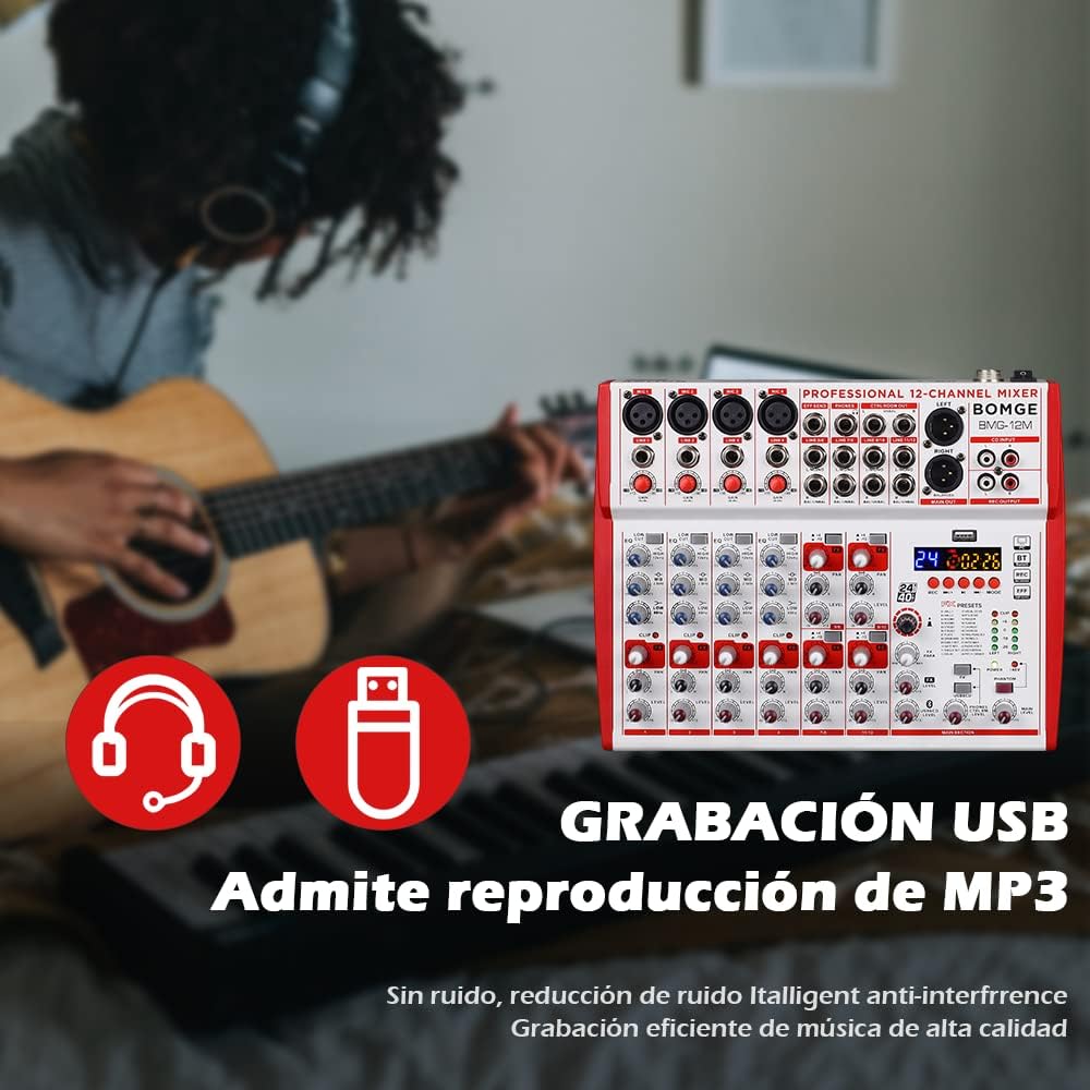 BOMGE 12-Input soundboard Mixer met Mic Preamps en Compressoren, 24DSP, bluetooth, 48V Power, Britse EQ en USB/Audio Interface voor opname, karaoke en podcast. (12M-12 kanaal)