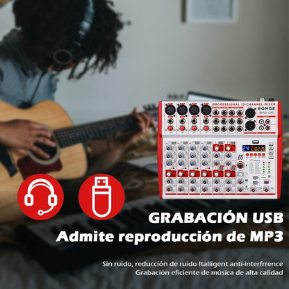 BOMGE 12-Input soundboard Mixer met Mic Preamps en Compressoren, 24DSP, bluetooth, 48V Power, Britse EQ en USB/Audio Interface voor opname, karaoke en podcast. (12M-12 kanaal)