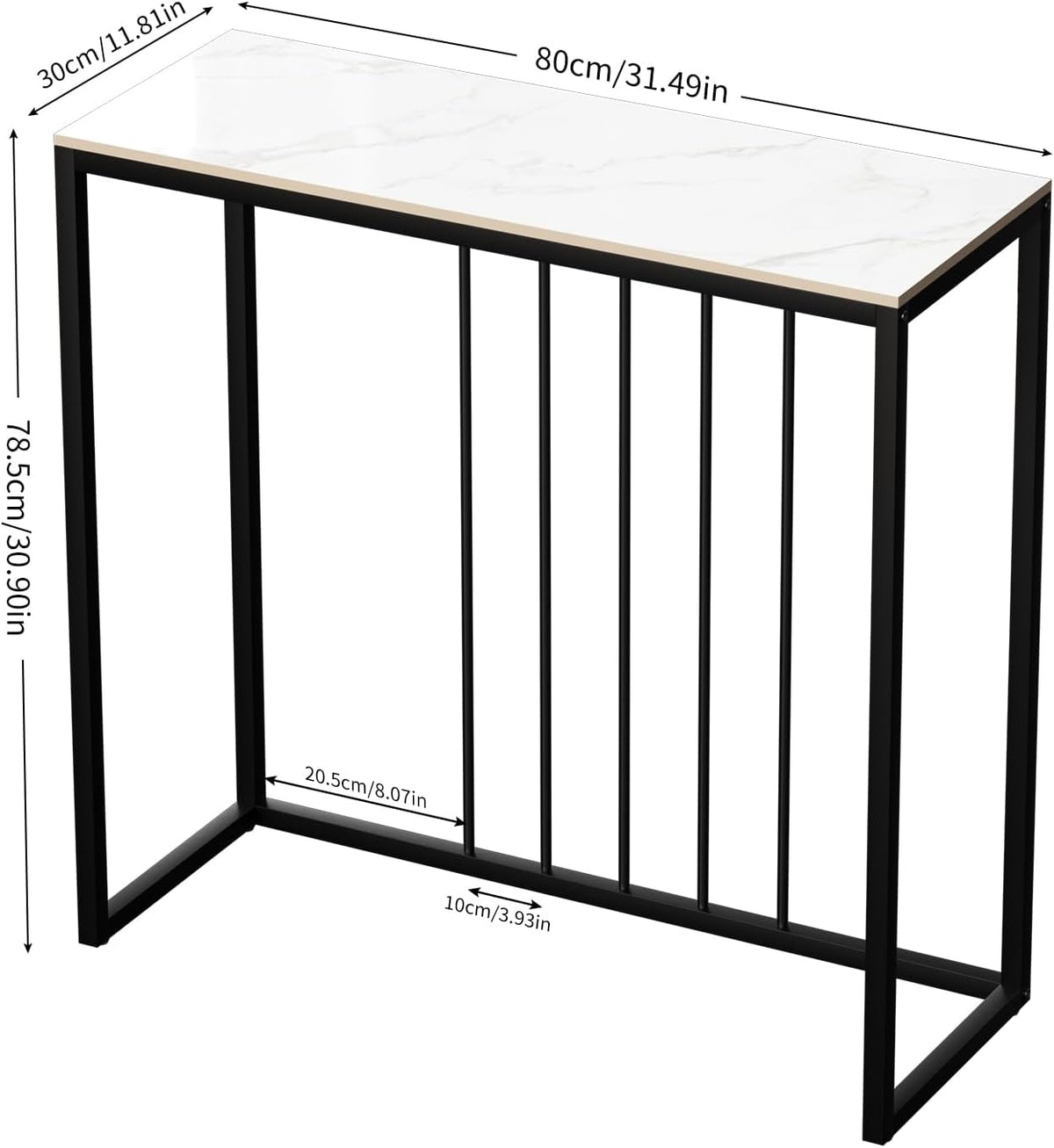 FATIVO Consoletafel, wit, 80 cm, gangtafel, marmer, salontafel, Scandinavisch, bijzettafel, moderne entreetafel met zwart metalen frame, luxe ingang, decoratieve tafel voor woonkamer, 80 x 30 x 78,5