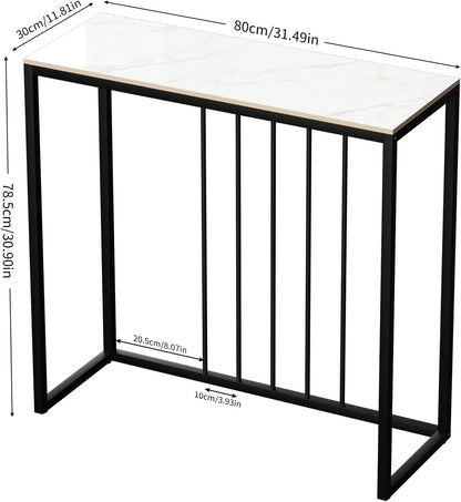FATIVO Consoletafel, wit, 80 cm, gangtafel, marmer, salontafel, Scandinavisch, bijzettafel, moderne entreetafel met zwart metalen frame, luxe ingang, decoratieve tafel voor woonkamer, 80 x 30 x 78,5