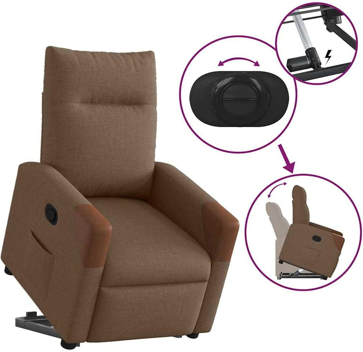 Relaxstoel – Relaxfauteuil – TV Stoel – Ligstoel – Sta-Op Stoel – Elektrische Sta-Op Hulp – Verstelbare Rugleuning en Voetensteun – Bruine Stof