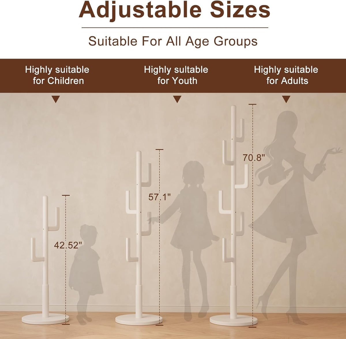 AQIMUELE Kapstok, kledingstandaard, massief hout, jasstandaard in cactusdesign met 6 haken, voor kleding en hoed, gemakkelijk te monteren, voor hal en slaapkamer (wit)