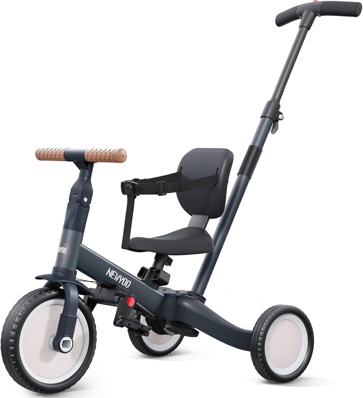newyoo Tricycle 5 en 1, draisienne à partir de 1 an, avec barre de poussée, pour enfants à partir de 1, 2, 3 ans, avec pédales amovibles et siège réglable, Donkergrijs