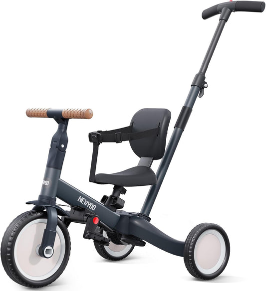 newyoo Tricycle 5 en 1, draisienne à partir de 1 an, avec barre de poussée, pour enfants à partir de 1, 2, 3 ans, avec pédales amovibles et siège réglable, Donkergrijs