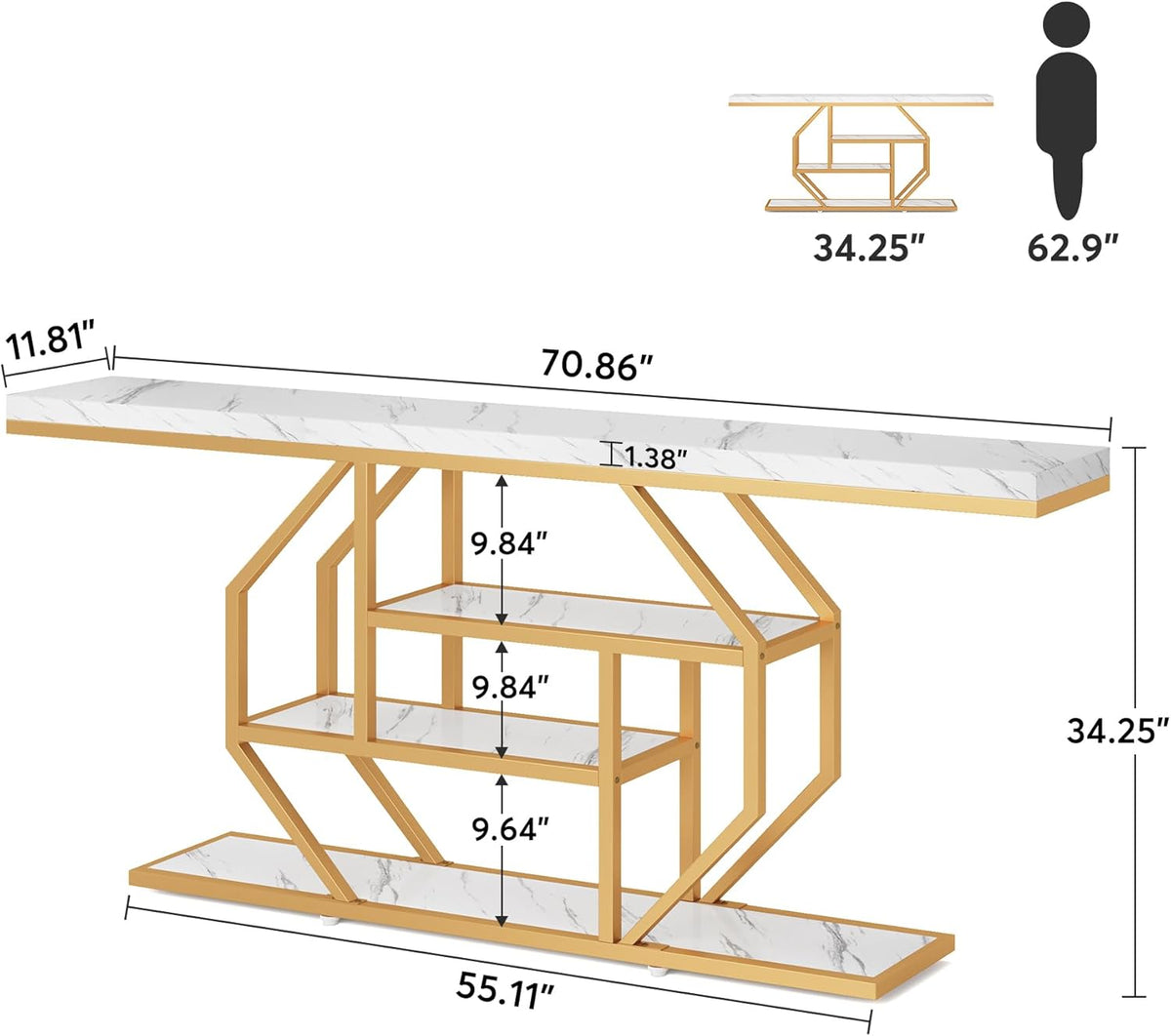 Tribesigns 180cm Extra Long Console Table, Modern Gold Behind Sofa Coffee Table with Storage, 4 Stage Entrance Table for Living Room, Hallway, Entrance, Faux Marble, White
