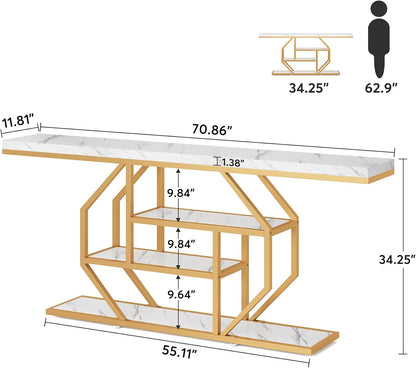 Tribesigns 180cm Extra Long Console Table, Modern Gold Behind Sofa Coffee Table with Storage, 4 Stage Entrance Table for Living Room, Hallway, Entrance, Faux Marble, White