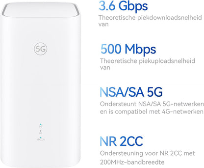 5G CPE 5s, H153, Sim van 5G-router, Wifi 6 AX3000, DL 3600 Mbps/UL 500 Mbps, Antenne met hoge versterking tot wel 9 dBi, LAN/WAN-poort, Gevisualiseerde wifidiagnose, 30 maanden garantie