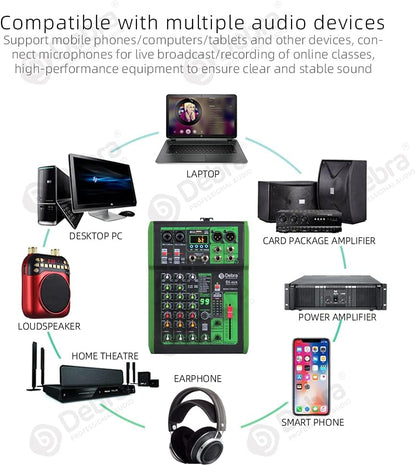 D Debra 4-Kanaals DJ Mixer, 99 DSP Effecten, USB/MP3 Ingang, 48V Fantoomvoeding, Ideaal voor DJ, Karaoke, Studio
