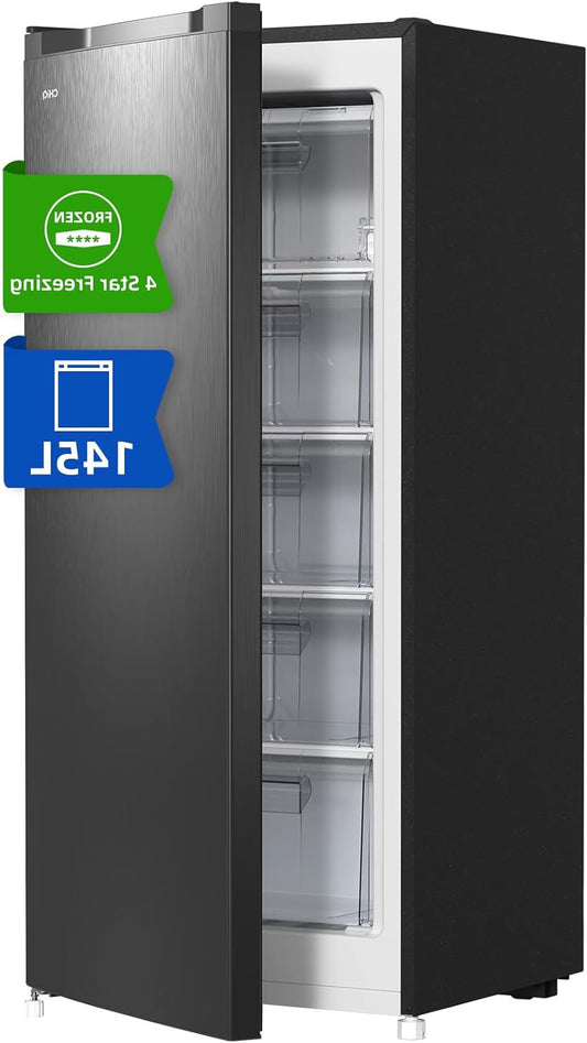 CHiQ FSD160D4E, Freestanding Freezers, 145 Liters, Adjustable Thermostat, 4-Star Freezer, 5 Freezing Drawers, Compact & Design, Stainless Steel, Black, 12 Year Warranty on Compressor - QUORE