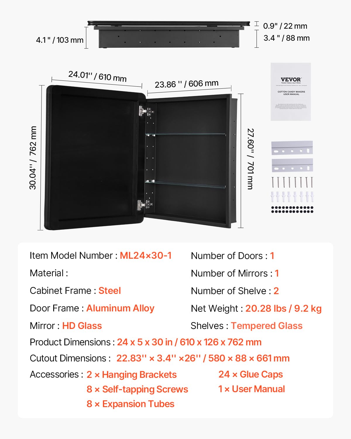 VEVOR Medicijnkast, 60 x 76 cm, voor badkamer met spiegel, aluminium frame, badkamerhangkast, 2-laags verstelbare planken, inbouw- en wandmontage