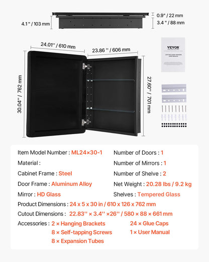 VEVOR Medicijnkast, 60 x 76 cm, voor badkamer met spiegel, aluminium frame, badkamerhangkast, 2-laags verstelbare planken, inbouw- en wandmontage